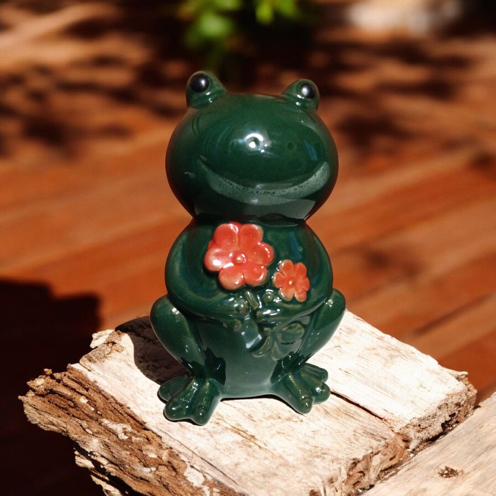 Green Ceramic Frog Holding Flowers 8"T